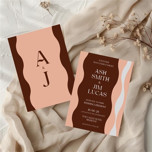 Modern Wedding Invitation Suite | Editable Canva Template | Abstract Neutral Ceremony & RSVP Cards | Instant Download - Etsy