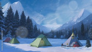 natural scenery of mountains during winter and snowing in Japanese anime or cartoon watercolor painting style. camping and tent adventure atmosphere. seamless and looping animated videos.