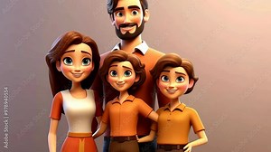 Adorable cartoon characters depict a happy family sitting on a sofa, showcasing the bond between parents and children with beautiful expressions.