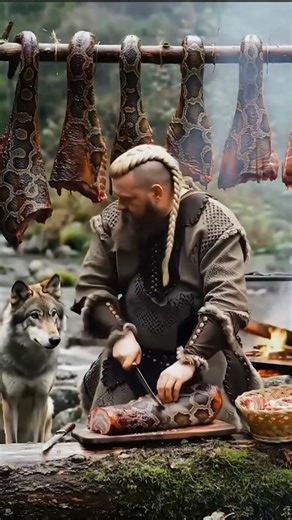 Epic Viking Feast with a Wolf Cooking Giant Serpent Meat in the Wilderness