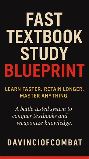 Want to learn how to study faster ? Fast Textbook Study Blueprint” — Learn faster. Retain longer. Master anything. Most people read to finish. You’ll read to conquer. This isn’t a speed-reading gimmick. It’s a battle-tested mental system built to slice through textbooks, certification guides, and study material with precision. You’ll learn how to: ⚙️ Break down chapters in minutes (not hours) 🧩 Retain information permanently through Active Recall 🕰️ Build unstoppable focus with combat-grade ro