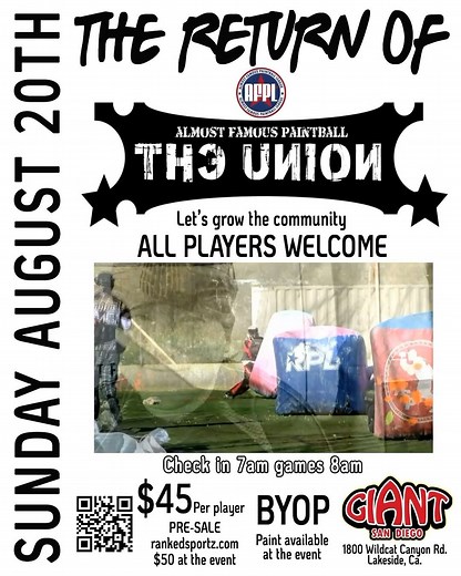 NEXT SUNDAY!!! Let’s build a community! Back in 2010 the UNION was born to create a player environment for all skill levels. From the beginner to the high divisional player we mixed the levels together for a day of fun and loud music. It’s a great way to meet the community and maybe create or jump on a team. Cost: $45 per player pre-sale or $50 at the event. BYOP (Bring your own paint) Check in 7am games at 8am All skill levels welcome #Paintball #Speedball | AFPL