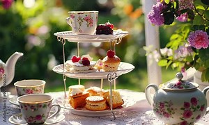 A charming afternoon tea setup with delicate pastries and floral cups in a garden setting.