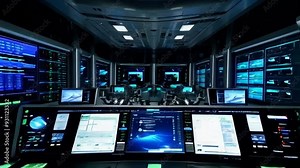 A futuristic control room with numerous screens and advanced technology, set in a sleek environment for data management and analysis.