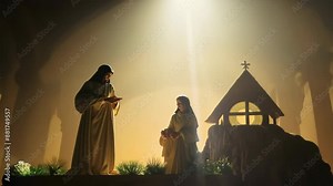Silhouettes of nativity scene figures with golden backlight