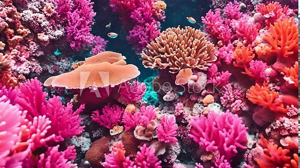 Vibrant coral reef teeming with variety of brightly colored corals in all shapes and sizes. Witness beauty and diversity of marine life in this stunning underwater ecosystem