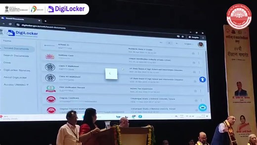At the 40th Convocation of Chhatrapati Shahu Ji Maharaj University, 1L degree certificates & 9L gradesheets for 2025 were published digitally via DigiLocker. Hon’ble Governor Smt. Anandiben Patel & Minister of Higher Education Uttar Pradesh Shri Yogendra Upadhyay graced the occasion. #DigitalIndia #DigiLocker Ministry of Education Digital India Press Information Bureau - PIB, Government of India DDNewsLive | DigiLocker