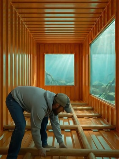 There’s a hidden bunker beside this waterfall… A camouflaged shipping container is transformed into a jungle micro home with bamboo walls, glossy epoxy bamboo flooring, warm LED lighting, a custom bamboo bed, and a compact minimalist kitchen. From a hidden container by the river to a secret luxury bunker in the jungle. Would you live here? #diybuild #tinyhome #secretroom #bunker #underwater