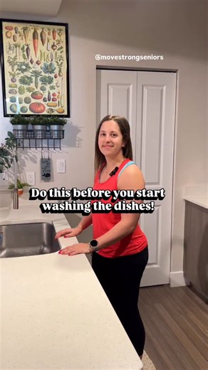 MoveStrong Seniors | Dr. Kaitie Taubenkimel Rossler, PT, DPT on Instagram: "Do this before you start washing the dishes 🍽️ Before the water turns on… 👉🏼 5 mini squats. That’s it. No workout clothes. No gym. No “I’ll do it later.” Just stack movement onto something you already do every day. Waiting for the dishes to soak. Standing at the bathroom counter brushing your teeth. Waiting in line at the grocery store. Mini squats wake up your legs, hips, and balance. Even 5 reps counts. And when you