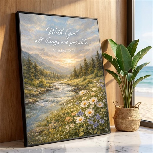Inspirational Bible Verse Canvas, Matthew 19:26 Scripture Wall Art, Faith Quote With Mountain River Landscape, Floral Luxury Home Decor - Etsy