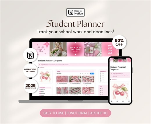 Buy Coquette Student Planner Notion Template for College Dashboard Assignment Organizer Study Schedule Aesthetic All in One Planner Online in India - Etsy