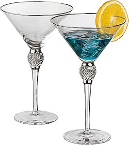 2 Piece Premium Clear Stem Crystal Martini Glasses with Silver Rim and Diamond-like Rhinestones, Elegant 10oz Glassware Set for Cosmopolitan, Vodka, Gin and Other Cocktails, Fancy Manhattan Drinkware