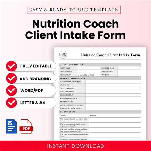 Nutrition Coach Client Intake Form Template – Word & PDF, A4 + US Letter - Etsy