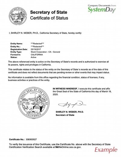 California Certificate of Good Standing | Certificate of Existence