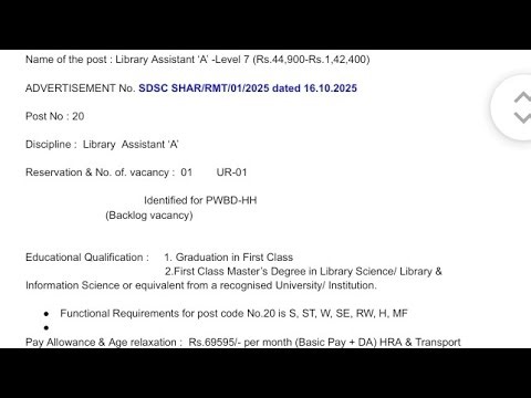 B.Sc library Assistant to join ISRO SDSC for scientists assistant 2025