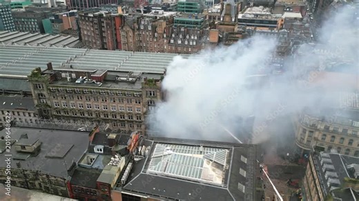 Morning after flyover of the 2026 Glasgow Central fire.