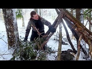 Building a Winter Survival Shelter Alone in a Frozen Forest