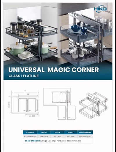 HIKO -A True German Technology on Instagram: "HIKO Universal Magic corner size chart and specification #universalmagiccorner #architecturalhardware #slimtandembox #modularkitchen #germantechnology🇩🇪"