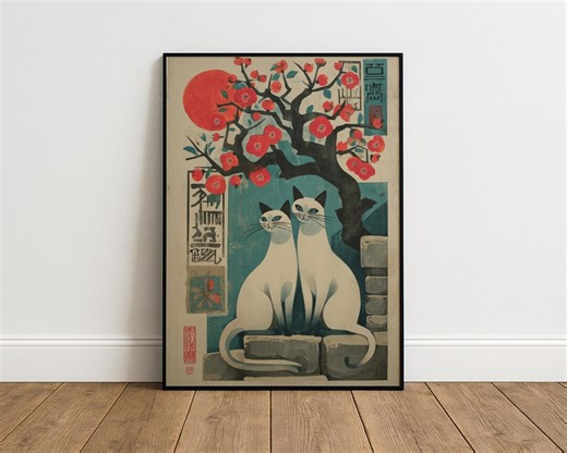 Siamese Cat Wall Art Print, Japanese Woodblock Style Poster, Twin Cats Under Blossom Tree, Teal & Red Vintage Decor - Etsy