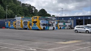 Exeter , England , United Kingdom (UK) - 07 05 2024: Stagecoach bus depot with multiple buses parked and maintenance facilities, Exeter, Devon, UK, July 2024