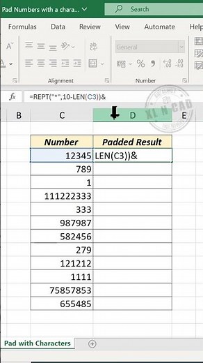 Excel trick to Pad Numbers with a character