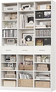 HOSTACK 75" Tall Book Shelf and Bookcase, 47" Wide Bookshelf with Drawers, Modern 9 Tier Bookcase with Storage, Large Wood Display Cabinet with Adjustable Shelves for Living Room, Home Office, White