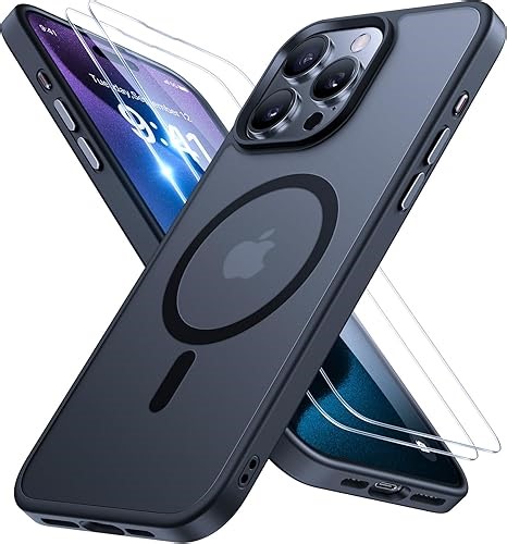 Miracase Magnetisch für iPhone 15 Pro Hülle Kompatibel Mit MagSafe[mit 2 Schutzglas] Militärnorm Schutz Anti-Fingerabdruck Schlanke Ausführung Handyhülle für iPhone 15 Pro 6,1 Zoll, Schwarz