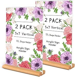 trophable Acrylic Sign Holder, L/T Shape Clear Acrylic Frames Wood Base Table Menu Display Stand for Office School Restaurant (Clear 5x7 inch 2Pack)