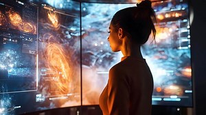 Download A woman immersed in a digital workspace, surrounded by screens displaying intricate data visualizations for free