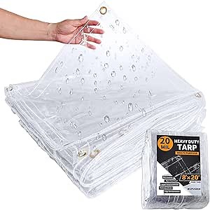 8×20ft, Clear Tarp with Grommets, 20 Mil, Vinyl Tarpaulin Heavy Duty Waterproof, Reinforced Edges, Outdoor Greenhouse Tarps, Rainproof, for Garden, Patio, Cars