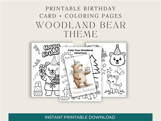 Woodland Bear Printable Birthday Card   Coloring Pages | Kids Activity PDF | Forest Animal (digital Download) - Etsy