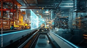 Industrial engineers supervising automated production line in modern factory using data analysis and control system visualized by digital holographic projection