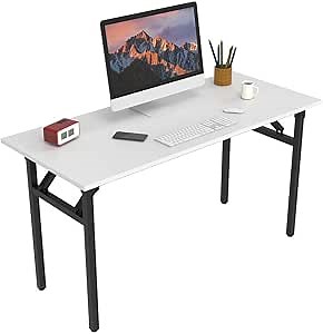 Halter Folding Desk Table, No Assembly Collapsible Computer Desk for Office, Bedroom, and Study - 55” Space-Saving Portable, Foldable Study Table, White Desk, Black Frame