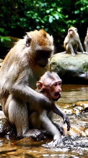 Wild Mother Monkey Bathing Her Baby in a Clear Jungle River | Real Wildlife Moment #monkey #wildlife