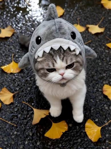This cat in a shark costume is ready to commit crimes