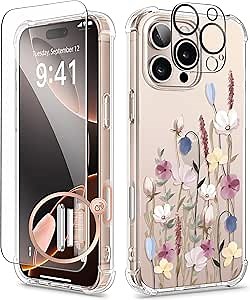 GVIEWIN for iPhone 16 Pro Case, with Screen Protector & Camera Lens Protector, Floral Shockproof Protective Bumper Slim Clear Phone Cover for Women 2024 6.3'', Bouquet/Colorful