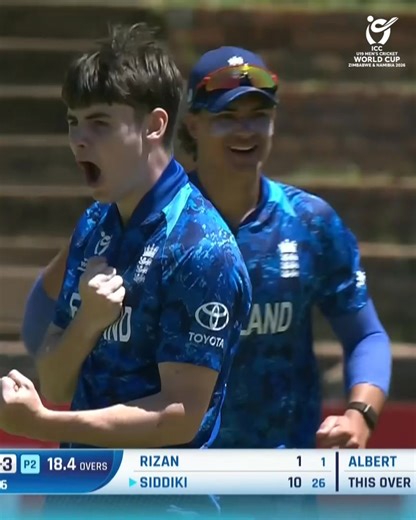 One brings two for Ralphie Albert as Kalam Siddiki Aleen is back in the dugout as well to put England in charge 💪 #U19WorldCup broadcast details 👉 https://www.icc-cricket.com/tournaments/u19-cricket-worldcup-2026/news/broadcast-details-for-icc-u19-men-s-cricket-world-cup | ICC - International Cricket Council