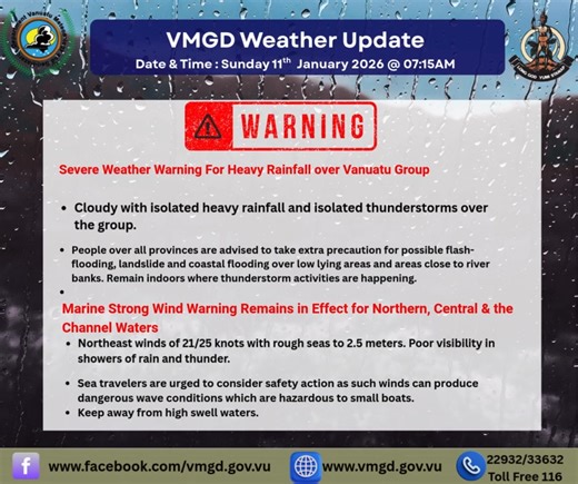 ‼️Latest Weather Update ‼️⚠️ 📢⏰The current weather warnings still remains. VMGD will continue to monitor conditions closely and provide updates should the situation change. Please stay alert and take necessary precautions. | Vanuatu Meteorology and Geo-hazards Department