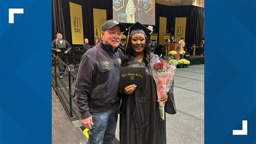 Tyler Junior College graduate gets roses from firefighter who saved her life as baby