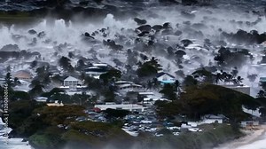 Ferocious winds and torrential rain from Hurricane Debbie’s eye wall slam into a coastal town, capturing nature’s raw power in stunning 4K detail.