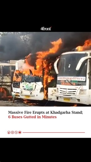 4frontMedia on Instagram: "A sudden and terrifying fire broke out at the Khadgarha bus stand in Ranchi on a quiet Sunday afternoon, sending shockwaves through the busy terminal. What began as smoke billowing from just two parked vehicles rapidly escalated into a fierce inferno as the flames intensified, spreading uncontrollably to four nearby buses. The sight of six coaches engulfed in fire simultaneously triggered widespread panic and a chaotic scramble among passengers and staff. As the thick 