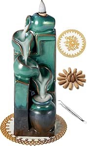 Unique Cascading Basins Ceramic Waterfall Incense Holder, Paired with a Pack of Backflow Incense Cones. (Blue)