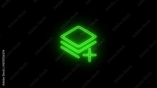 Glowing neon layer icon with plus sign and background for digital creative interface design.