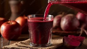 Beetroot and Apple Juice: Pouring vibrant beetroot and apple juice into a glass, showcasing the rich color and healthy ingredients.