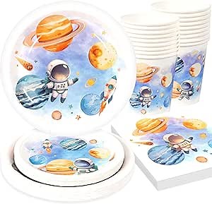 Space Themed Birthday Party Decorations Outer Space Paper Plates Napkins Cups Party Supplies Planets Astronaut First Trip Around The Sun Tableware Set for 25 Guests