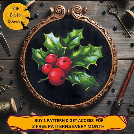 Christmas Holly Cross Stitch Pattern PDF Festive Holiday Decor Botanical Embroidery Digital Download Point De Croix, Punto De Cruz - Etsy
