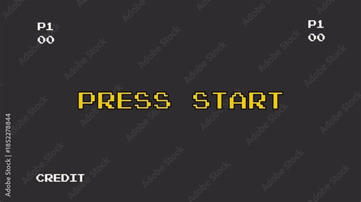 Retro 8 Bit Pixel Art Arcade Game Start Screen Animation: Vintage Computer Display with Blinking Text, Press Start, Insert Coin, and CRT VFX 4k video animation seamless loop
