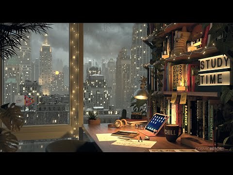 New York Manhattan view Study Room Ambience with Rolling Thunderstorm Rain Sounds