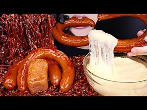 ASMR KIELBASA SAUSAGE SPAM STRETCHY CHEESE SPICY BLACK BEAN NOODLES COOKING MUKBANG 먹방 EATING SOUNDS