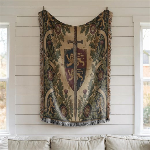 Medieval Heraldry Blanket, Gothic Sword Shield Throw, Lion Rampant Tapestry, Historical Art Decor, Ornate Floral Cozy Blanket - Etsy